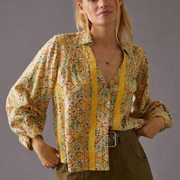 Anthropologie | Pintuck peasant Yellow Blouse by Pilcro | Size Large - Picture 1 of 7